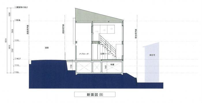 逆瀬川のリゾートハウス・玄関・断面図